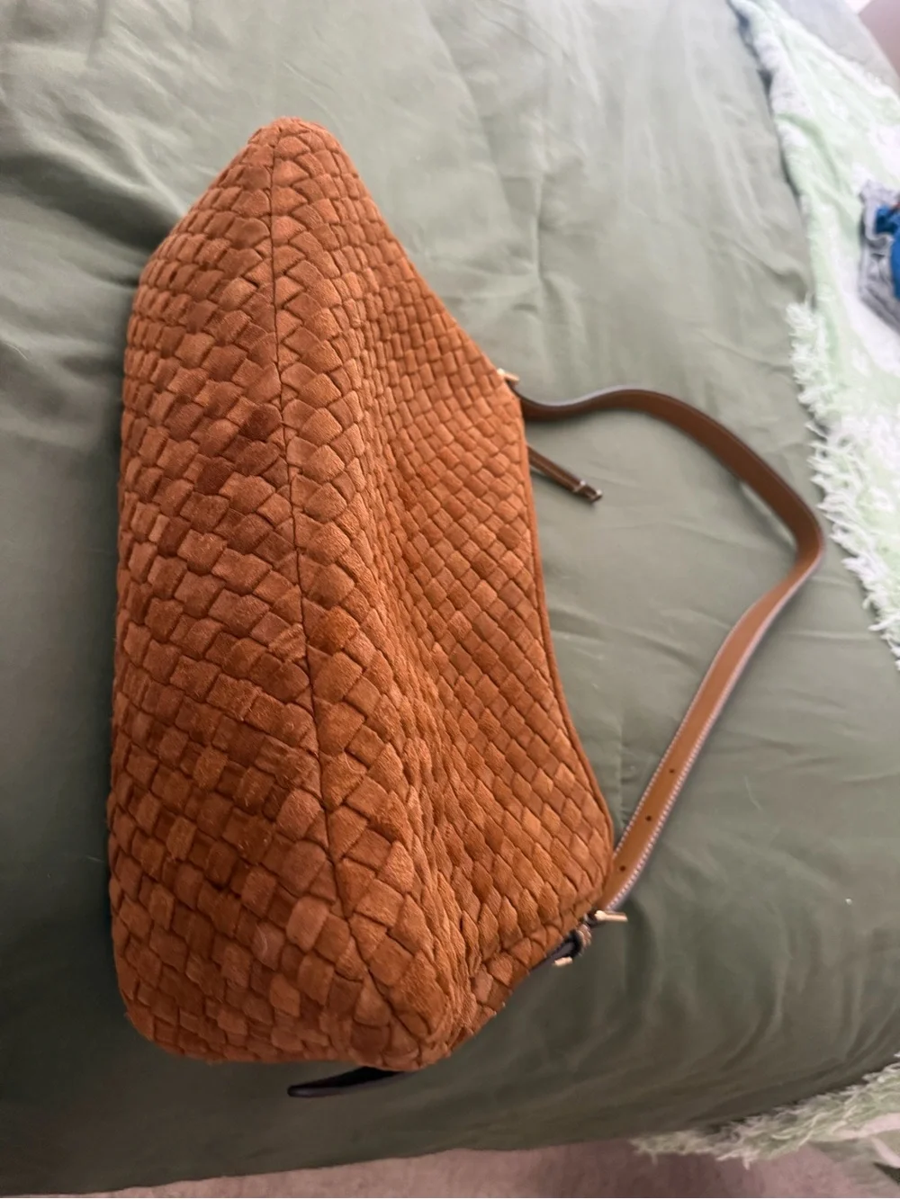 Tory Burch Woven Suede Shoulder Bag in Camel Brown with Gold Logo
